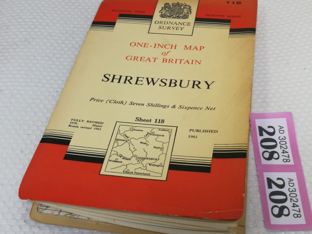 OS Ordnance Survey One Inch Cloth Map, of Shrewsbury , Sheet 118 1961