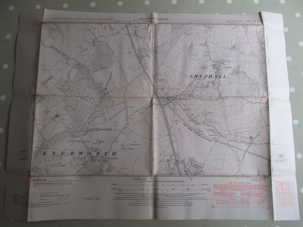 VINTAGE OS MAP OF KNEBWORTH AREA HERTFORDSHIRE 1946 SIX INCHES TO ONE MILE