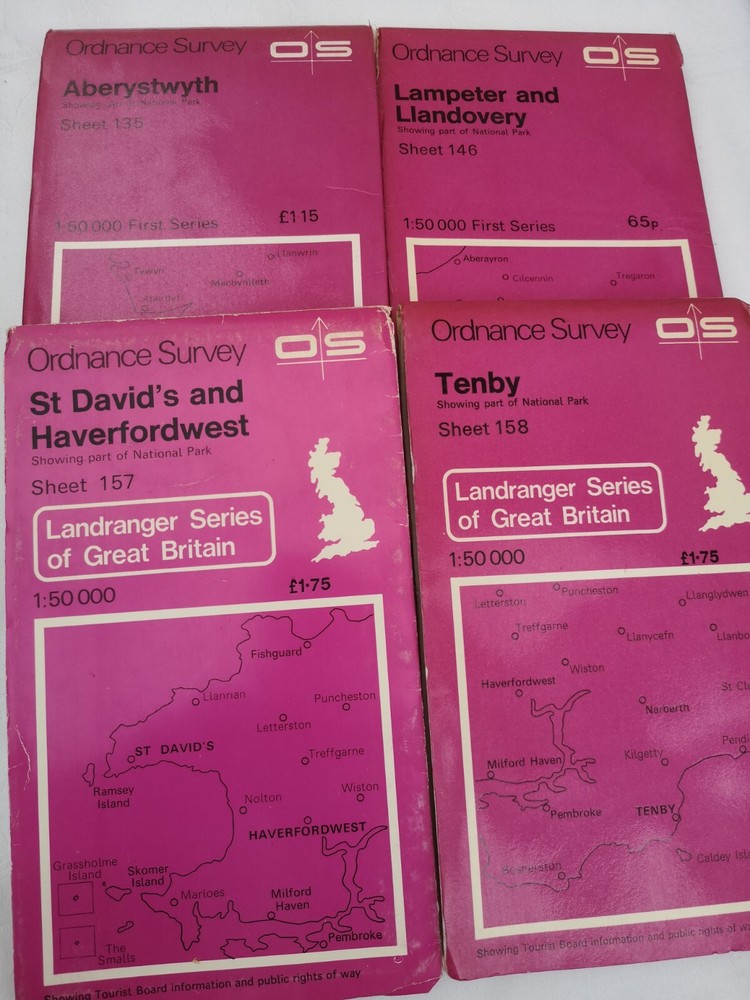FOUR Landranger OS Maps Aberystwyth 135, Lampeter 146, St David’s 157&Tenby 158 