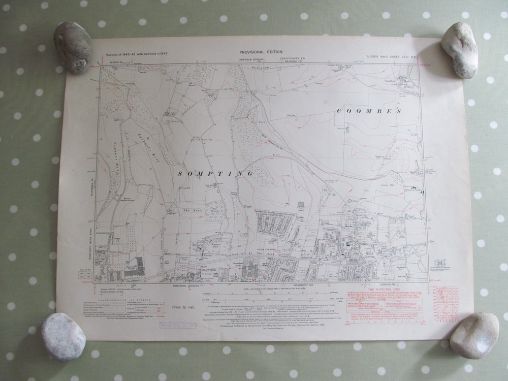 VINTAGE OS MAP NORTH LANCING & N SOMPTING SUSSEX 1949 SIX INCHES – ONE MILE