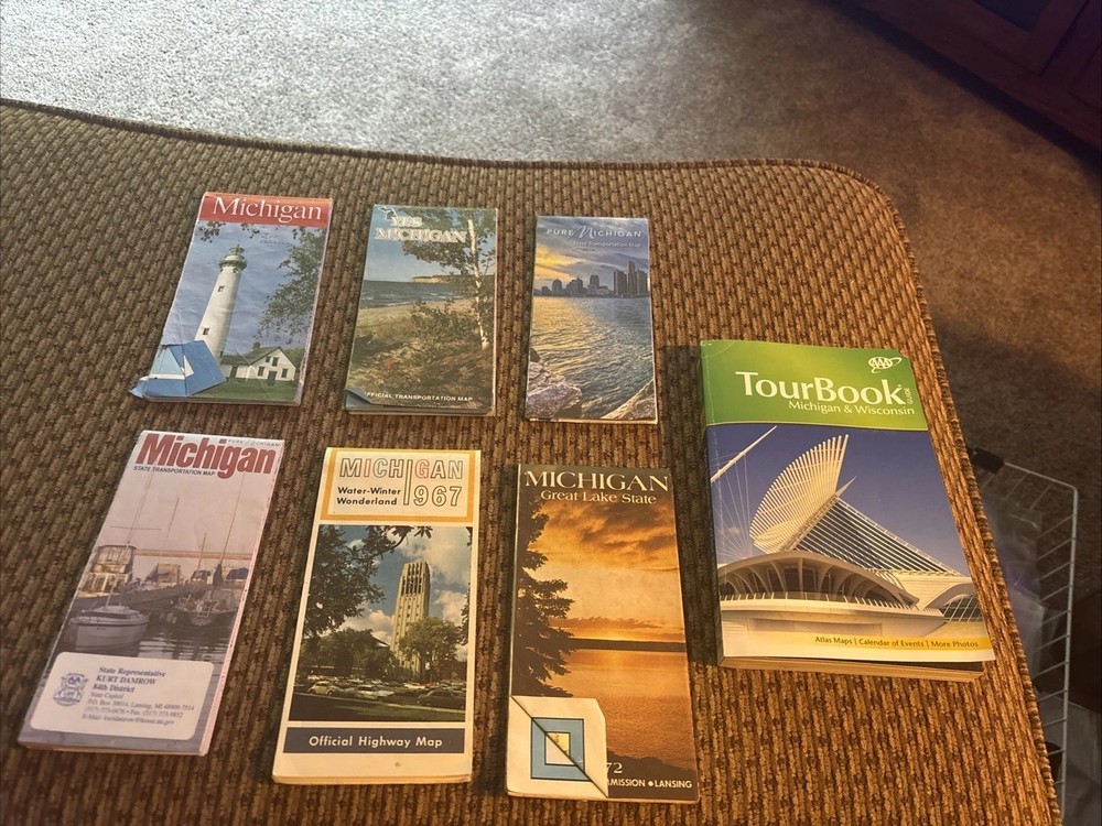 7 Pc Lot, 2013 Michigan & Wisconsin Tour Book & 6 MI Maps, 1960s – 2000s Pure MI