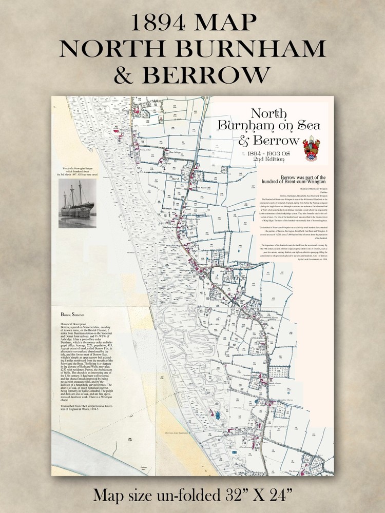 Burnham-on-Sea North & Berrow – Full Size fold out Vintage Map c1894