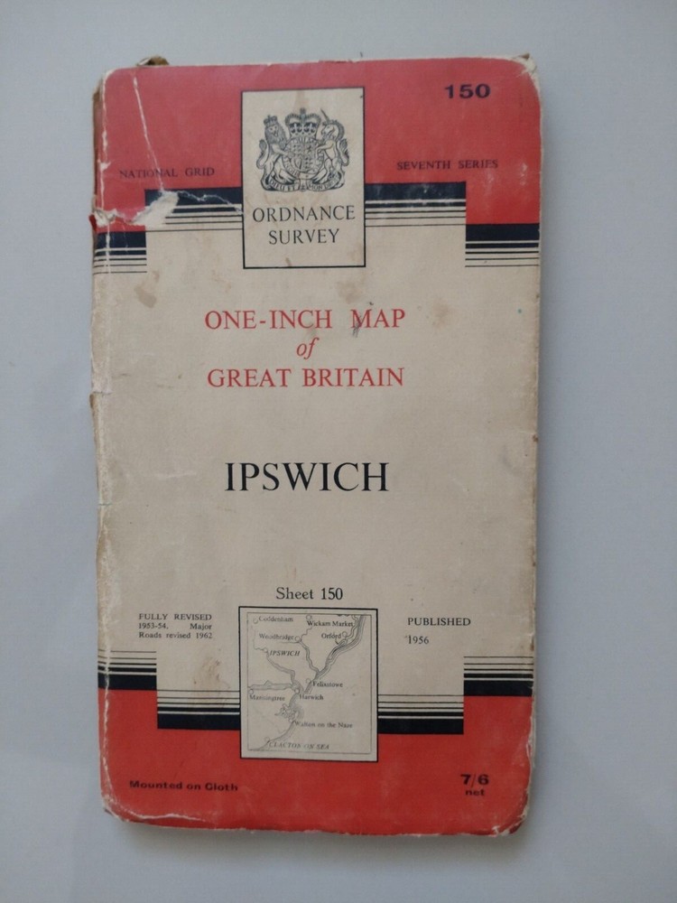 OS Ordnance Survey One Inch Map Sheet 150 Ipswich on Cloth 1963