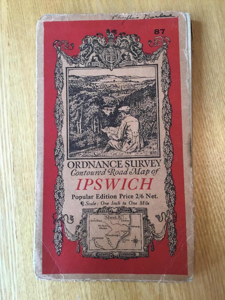 1933 Ordnance Survey One Inch Contoured Road Cloth Map 87 Ipswich (inc Aldeburgh