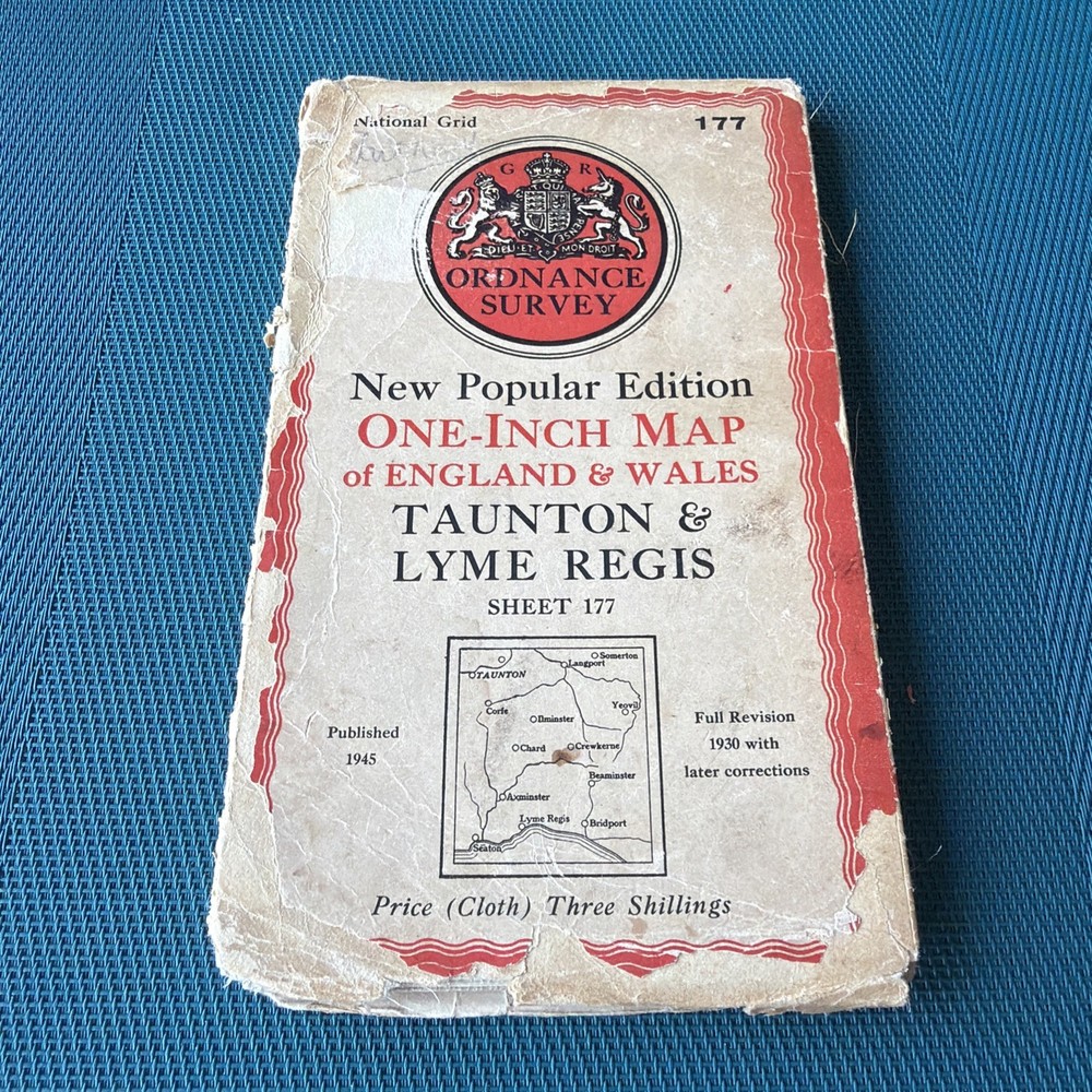Vintage OS One Inch Map – Sheet 177 – Taunton & Lyme Regis – 1945