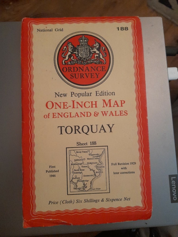Ordnance Survey New Popular Edition 1″ map Torquay 188 (cloth) 1946