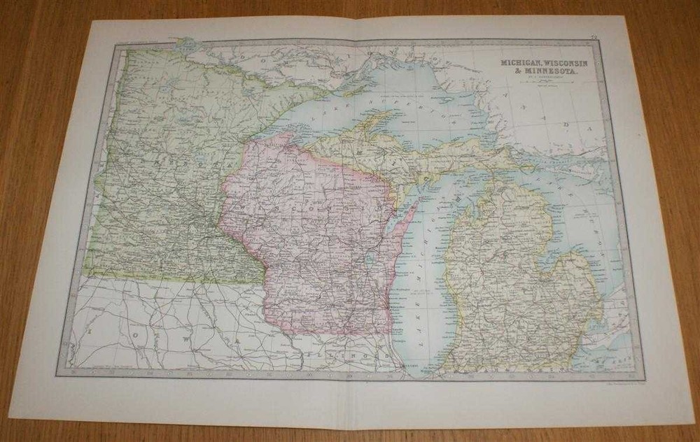 Map: 1890 USA: Michigan, Wisconsin and Minnesota from Library Reference Atlas