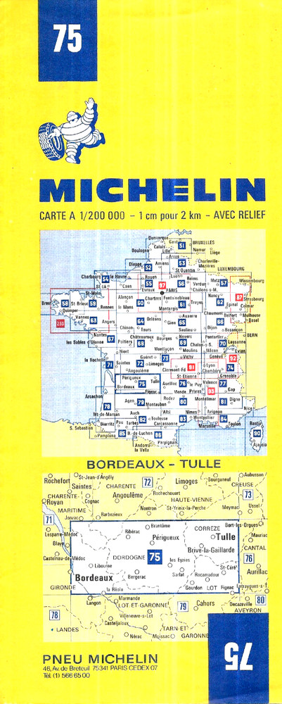 Michelin Map No 75 Bordeaux – Tulle ~ FRANCE ~ 1974