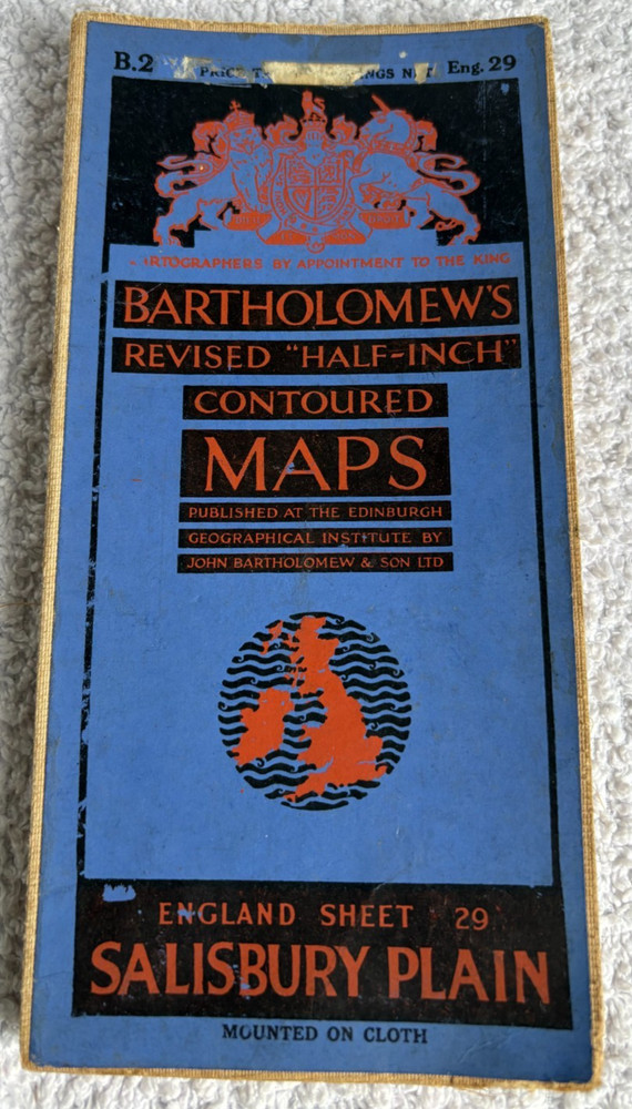 Vintage Old Bartholomew’s Half Inch Cloth Map, England Sheet 29, Salisbury Plain