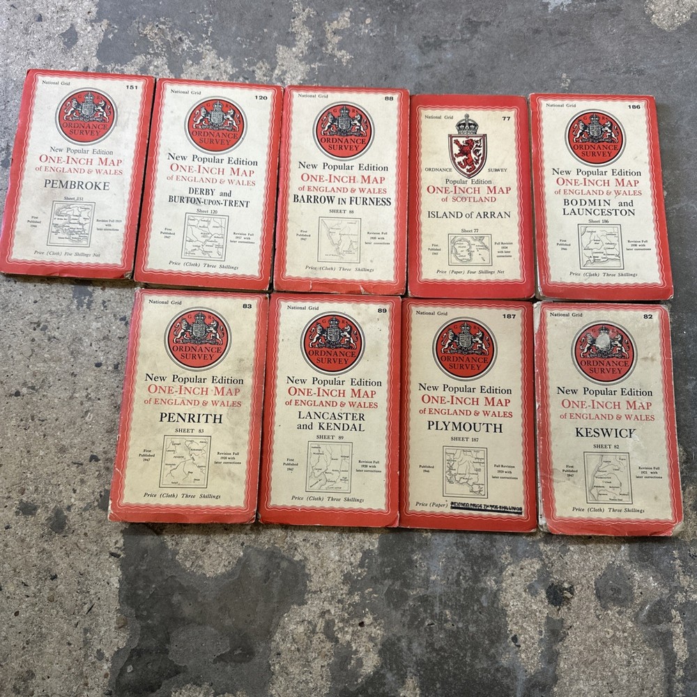 Job Lot Of 9 Vintage OS Maps One Inch maps, immediate despach