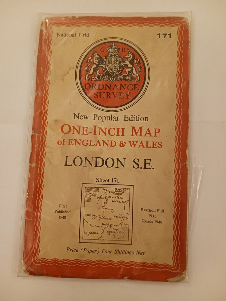 Vintage OS One Inch Map – Sheet 171 – London SE, Tilbury – c1946 On Cloth