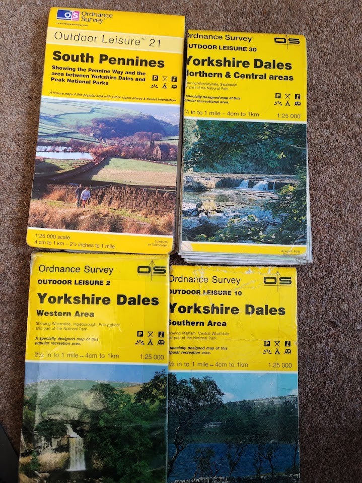 4 x OS Maps Yorkshire Dales and South Pennines .2.5 inches to a mile. 1:25000