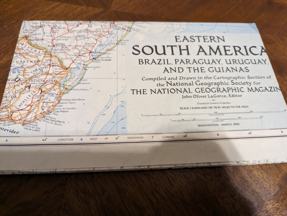 Eastern South America Vintage National Geographic Map (1955) Old Brazil Uruguay