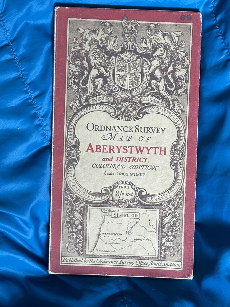 Vintage Ordnance Survey Coloured 1 Inch Cloth Map, Aberystwyth, 1912, Sheet 69