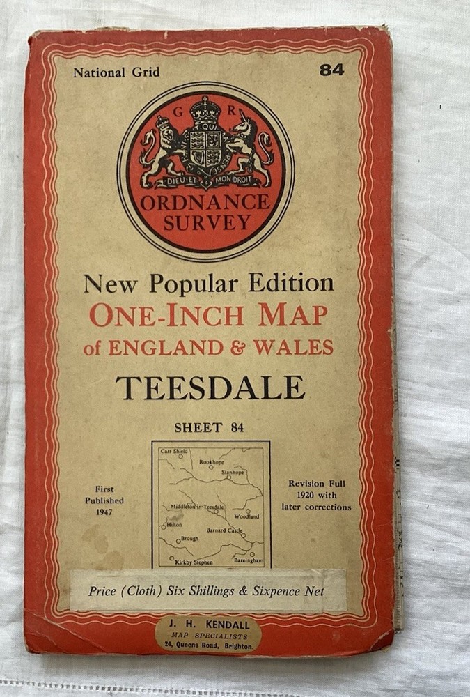 Vintage Ordnance Survey, 1 inch cloth, Teasdale sheet 84, 1947