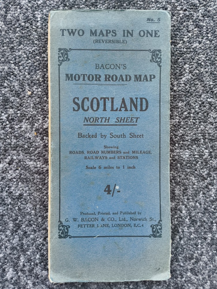 BACON’S MOTOR ROAD MAP No 5 – Scotland North/South [TWO MAPS IN ONE] circa 1930