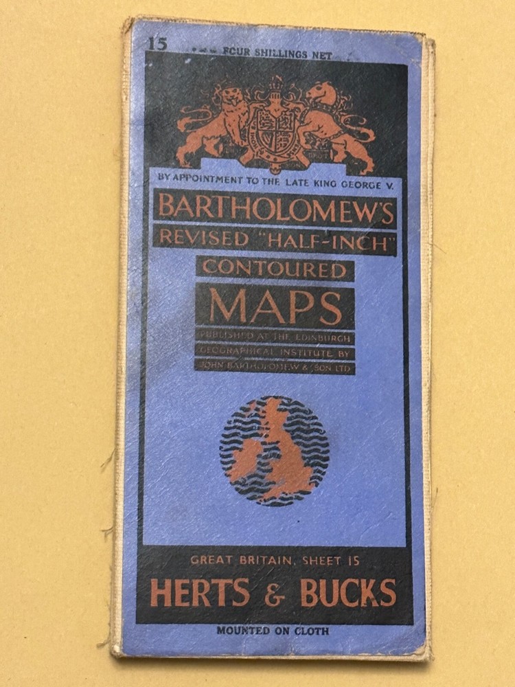 Vintage Bartholomews Half Inch Cloth Map, Sheet 15, Herts & Bucks