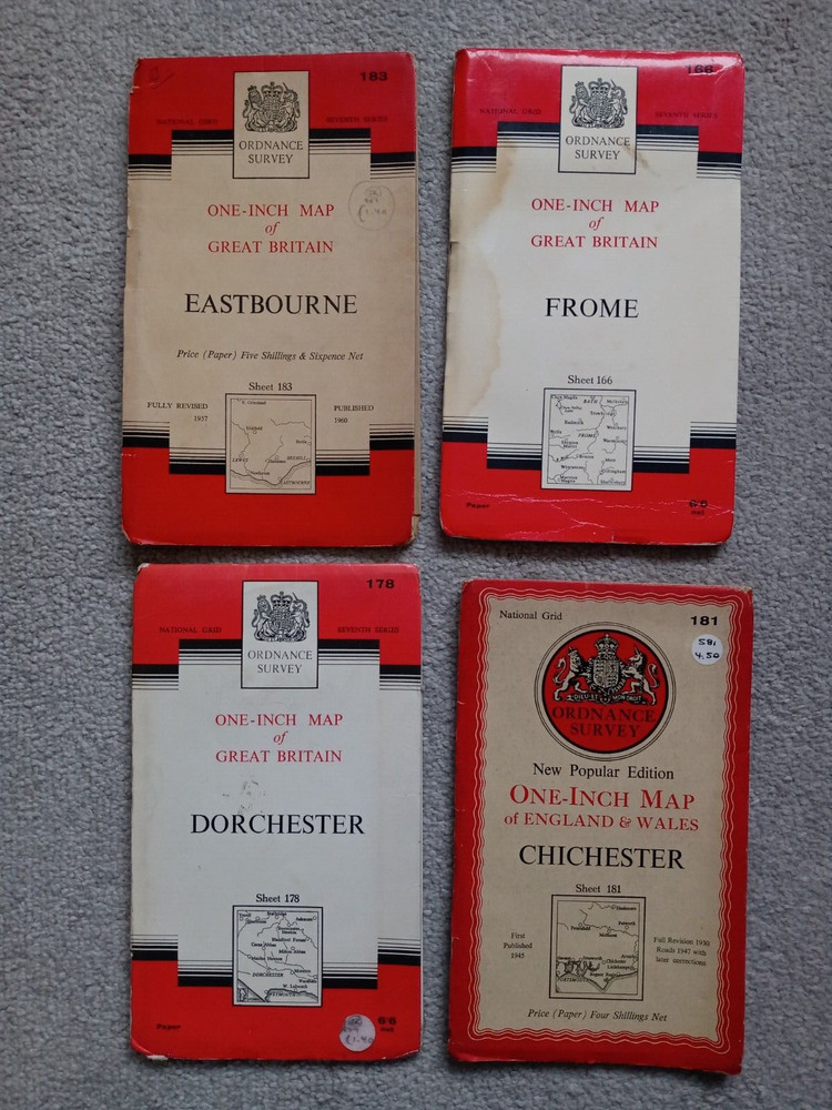 Group 4 x Vintage Ordnance Survey Maps FROME EASTBOURNE DORCHESTER CHICHESTER