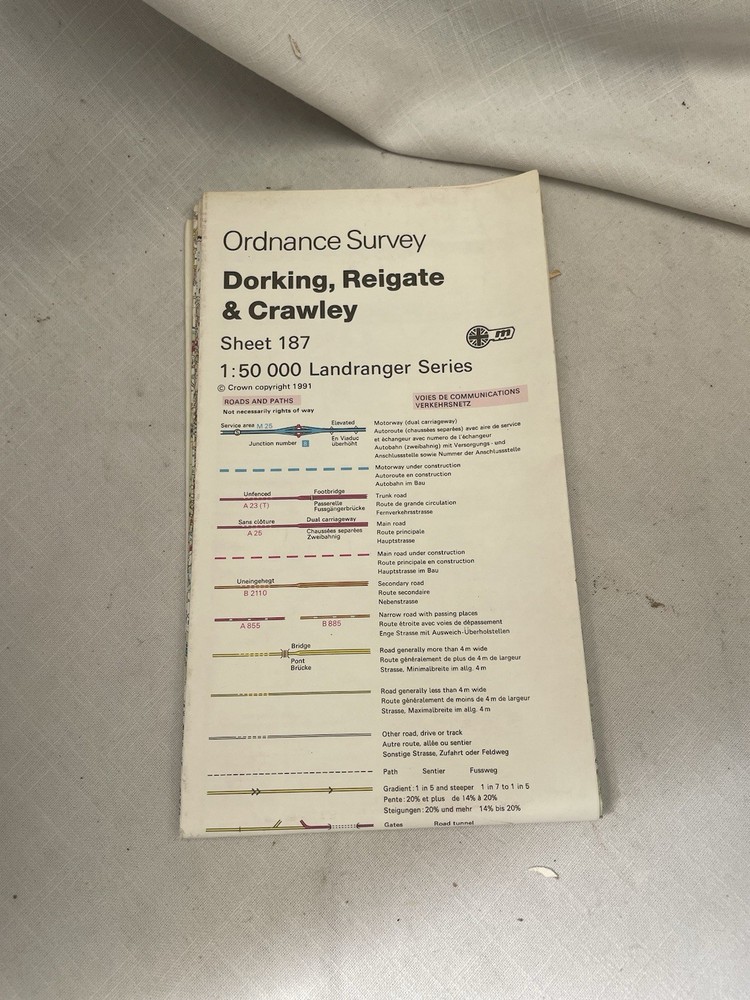 Vintage Ordnance Survey Map Sheet 187 Dorking, Reigate & Crawley Landranger