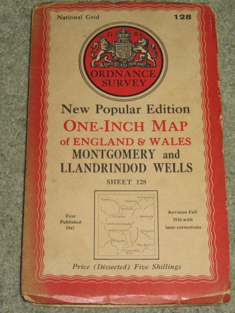 Ordnance Survey 1″ New Popular Edition 128 Montgomery – 1947 on dissected cloth