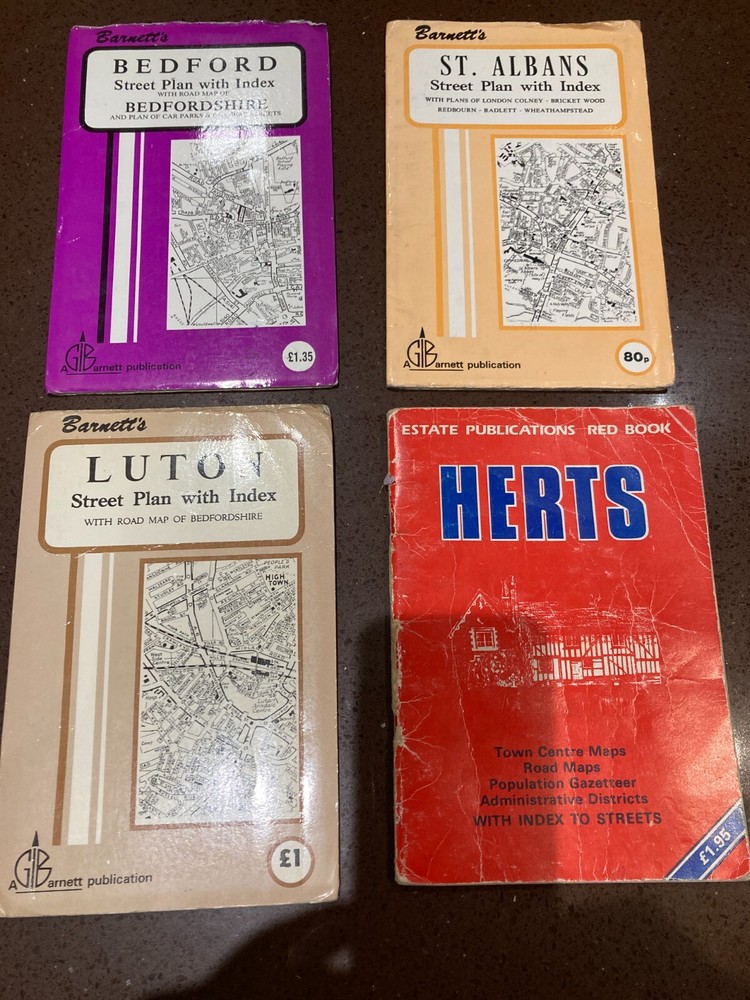 3 x Barnett’s St Albans Luton Bedford Street Plan with Index, 1970’s + HERTS map