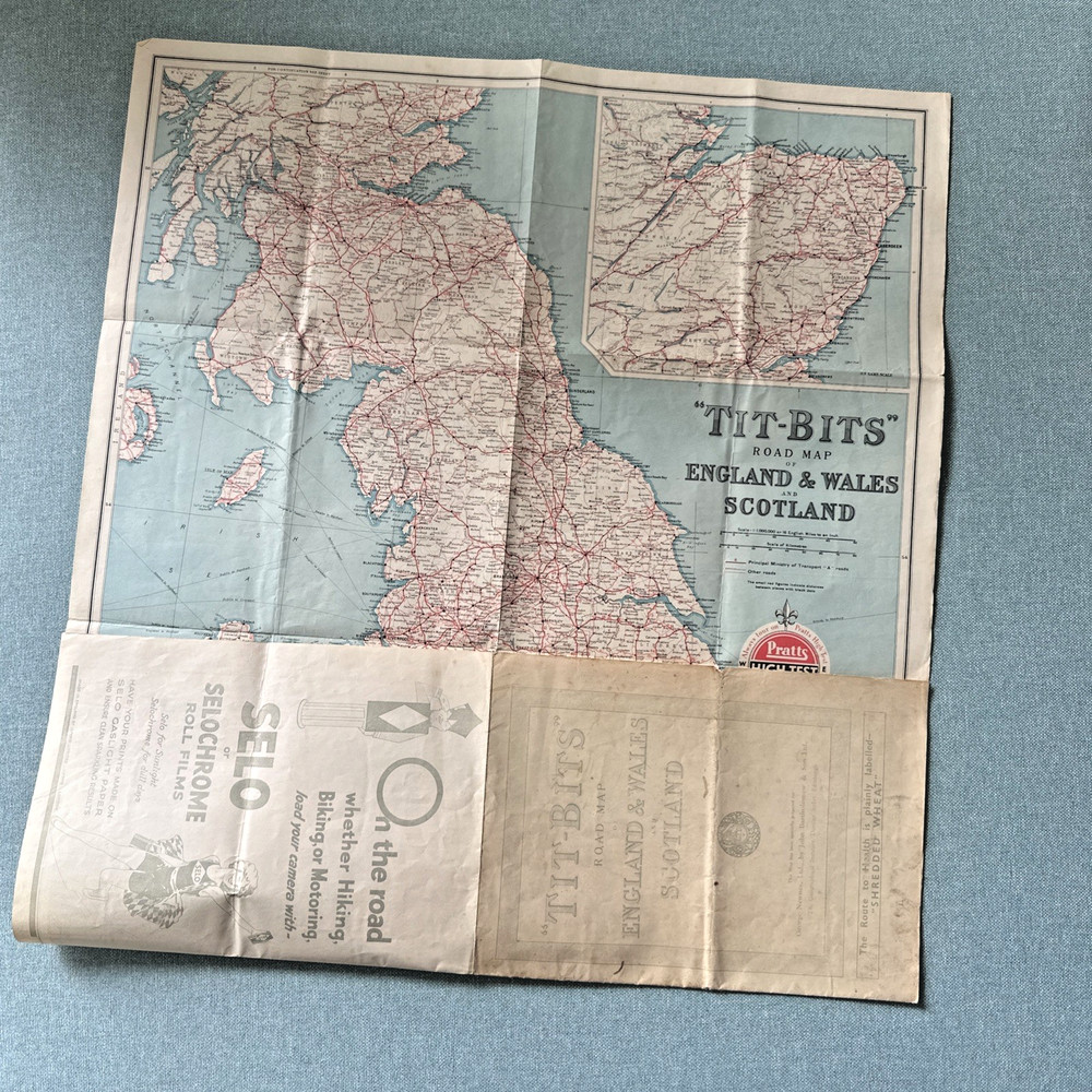 Tit-Bits ROAD MAP of England, Wales & Scotland 1930 Bartholomew Shredded Wheat