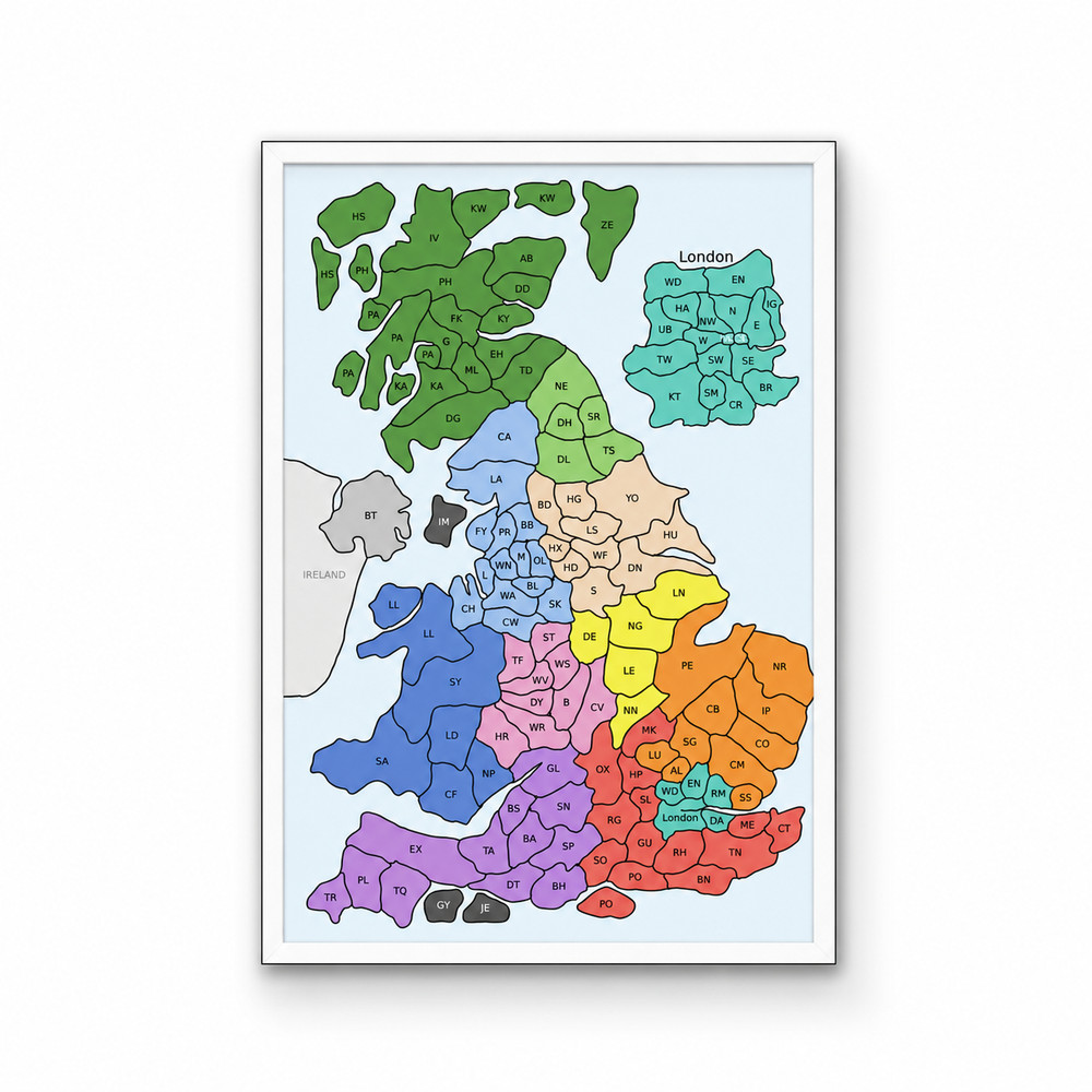 ✅ UK Postcode Map – United Kingdom A4 Laminated Poster Business Map, AUDBOK Maps