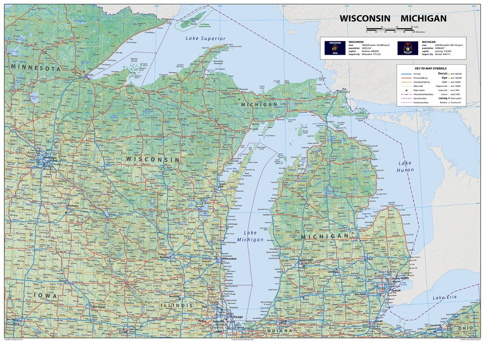 Wisconsin Michigan USA Physical Map – Laminated 84.1cm x 59.4cm