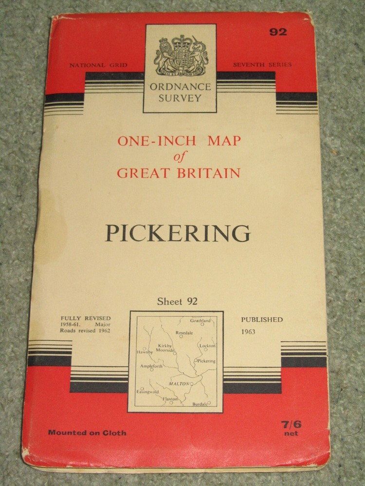 OS Ordnance Survey 1″ Seventh Series 92 Pickering – 1963 on cloth