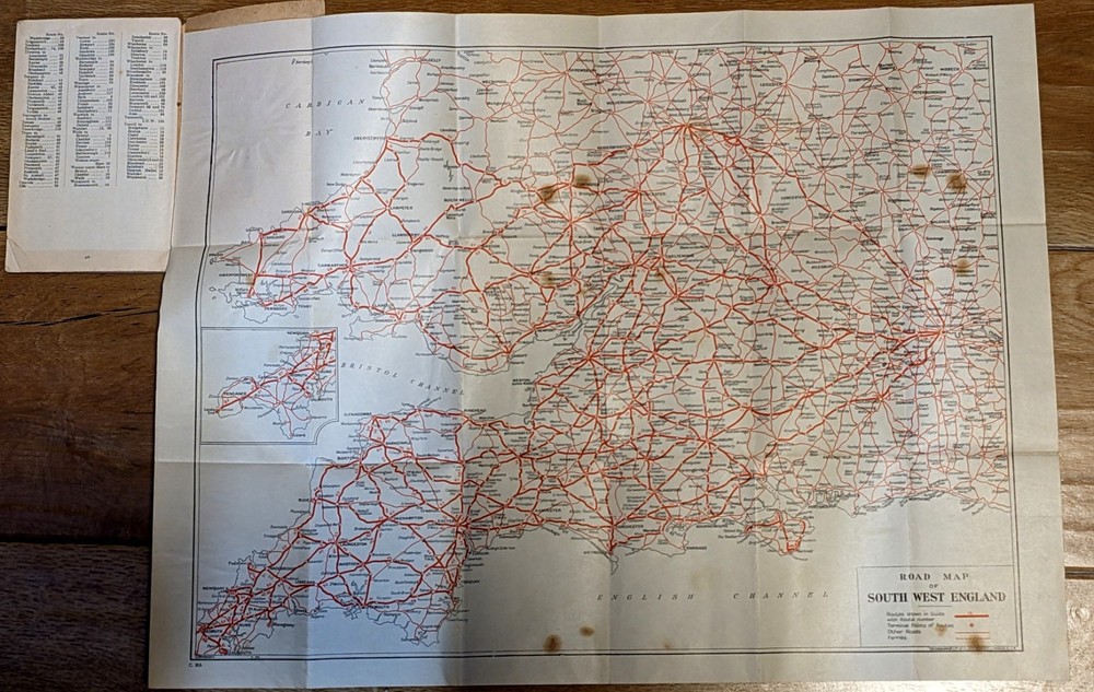 1920s Map, Routes for Motoring and Cycling. Antique.