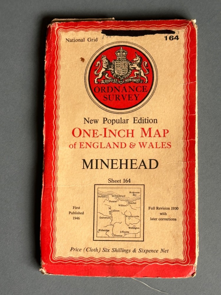 Vintage Ordnance Survey One Inch Cloth Map, of Minehead, no 164, 1946….