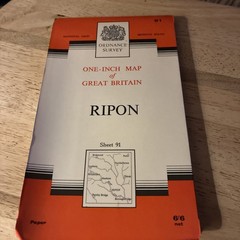OS Ordnance Survey One Inch Paper Map, of Ripon, Sheet 91, 1955