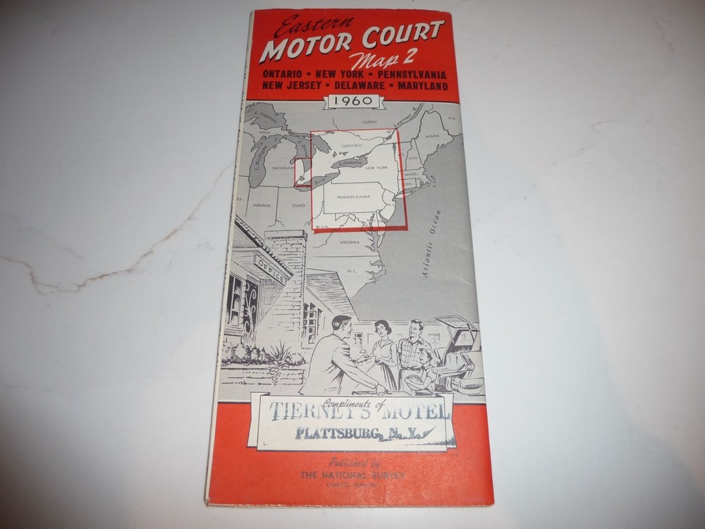 VINTAGE 1960 EASTERN MOTOR COURT MAP 2 – NY, PA, NJ, DE, MD, ONTARIO – FREE SHIP