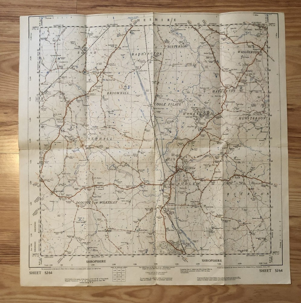 Vintage Audlem, Cheshire Ordnance Survey folded map, Sheet SJ 64, C.1970s