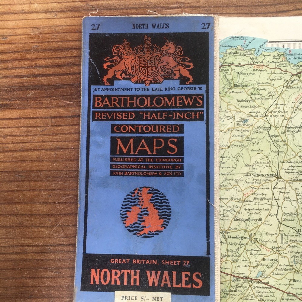 Vintage Bartholomews cloth backed map of North Wales