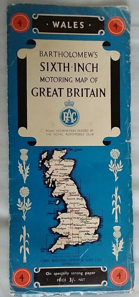 Vintage Bartholomew’s RAC Motoring Map of Wales dated 1965