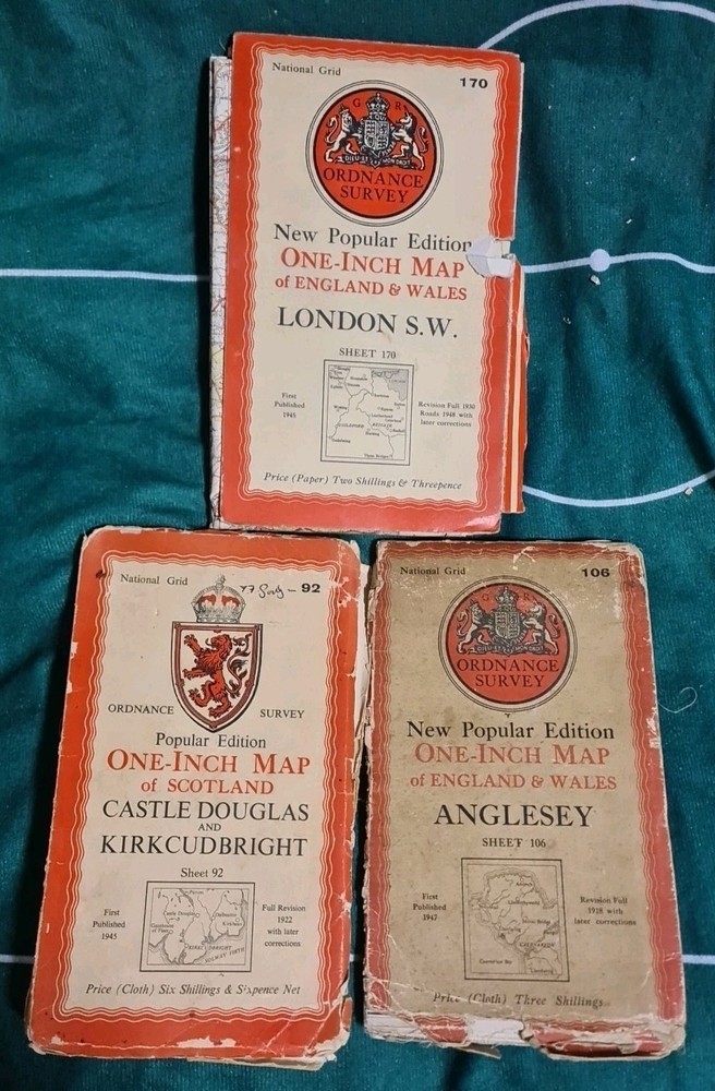 BARTHOLOMEW Half Inch Cloth Maps x4 1940s Castle Douglas – Anglesey – SW London