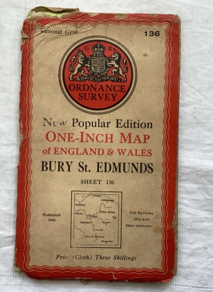Vintage Ordnance Survey, 1 inch cloth, Bury St Edmunds sheet 136, 1946
