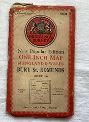 Vintage Ordnance Survey, 1 inch cloth, Bury St Edmunds sheet 136, 1946