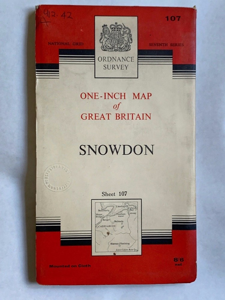 OS Ordnance Survey One Inch Cloth Map, Snowdon no107, 1962, ex Library