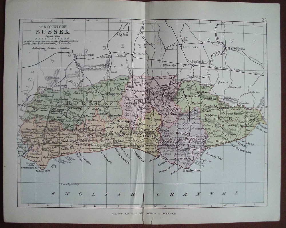 Antique colour county map Sussex late Victorian George Philip – Railways