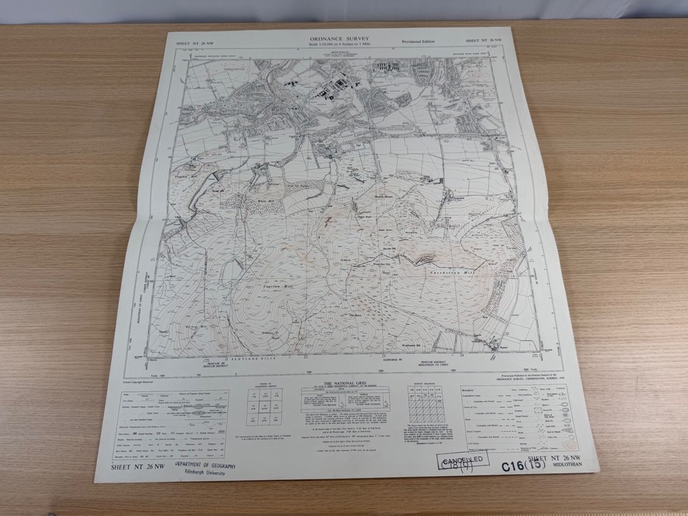 Vintage 1958 Ordnance Survey Map NT 26 NW Midlothian Colinton Pentland Hills 6″