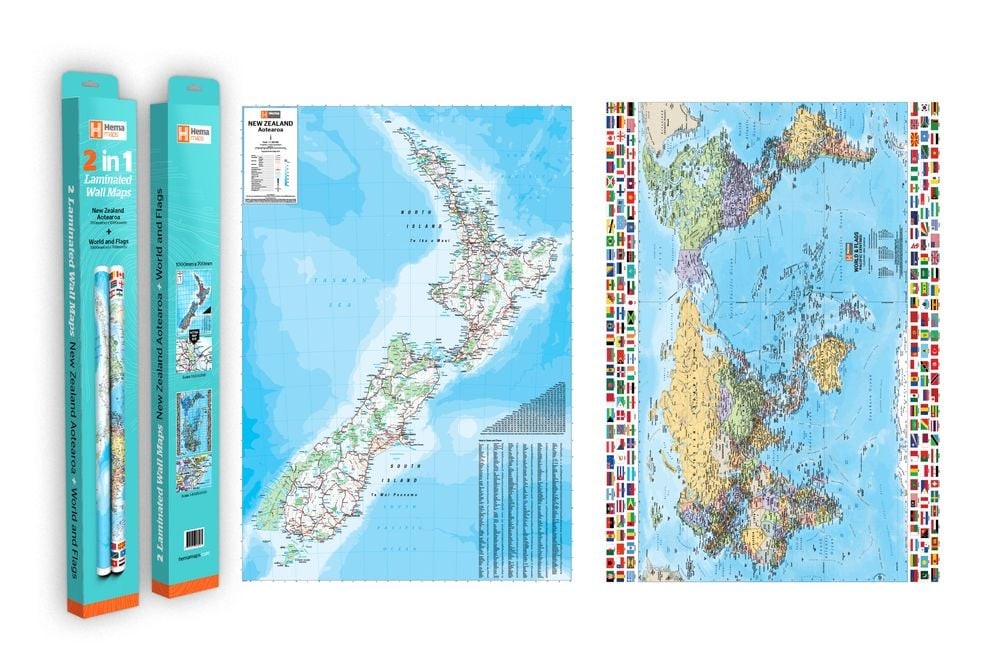 Twin Pack NZ 2 in 1 World & Flags Map New Edition by Hema Maps Paperback Book