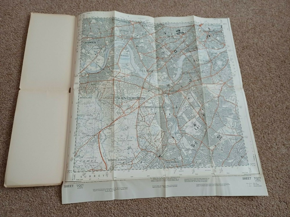 Ordnance Survey Sheet TQ27 Westminster, Kensington Wandsworth.