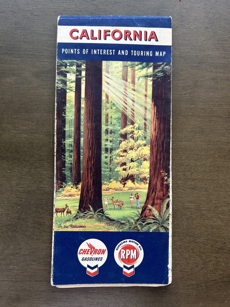 Vintage Chevron CALIFORNIA Road Map Standard Stations Folding Paper Redwood Tour
