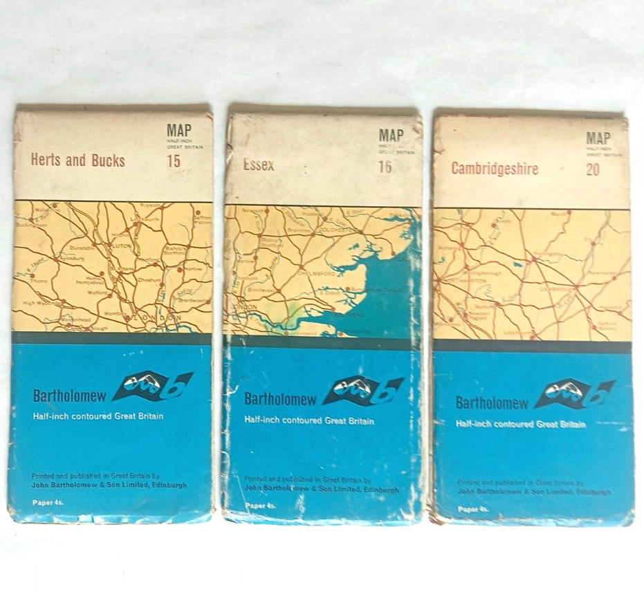 3 x Bartholomew Half-Inch maps Herts & Bucks Essex Cambridgeshire 1966/67