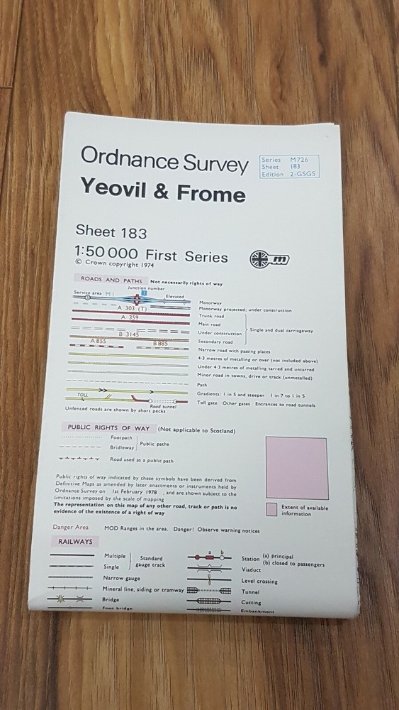 Ordnance Survey Map ~ Yeovil & Frome ~ Sheet 183 ~ 1:50 000 First Series 1974