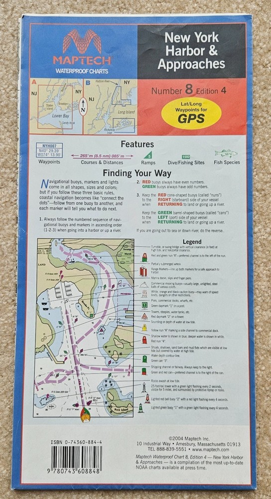 MAPTECH WATERPROOF CHART: NY HARBOR & APPROACHES – #8 EDITION 4 – FREE SHIPPING!