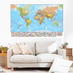225*150cm The World Political Map with National Flags Non-woven Canvas Painting