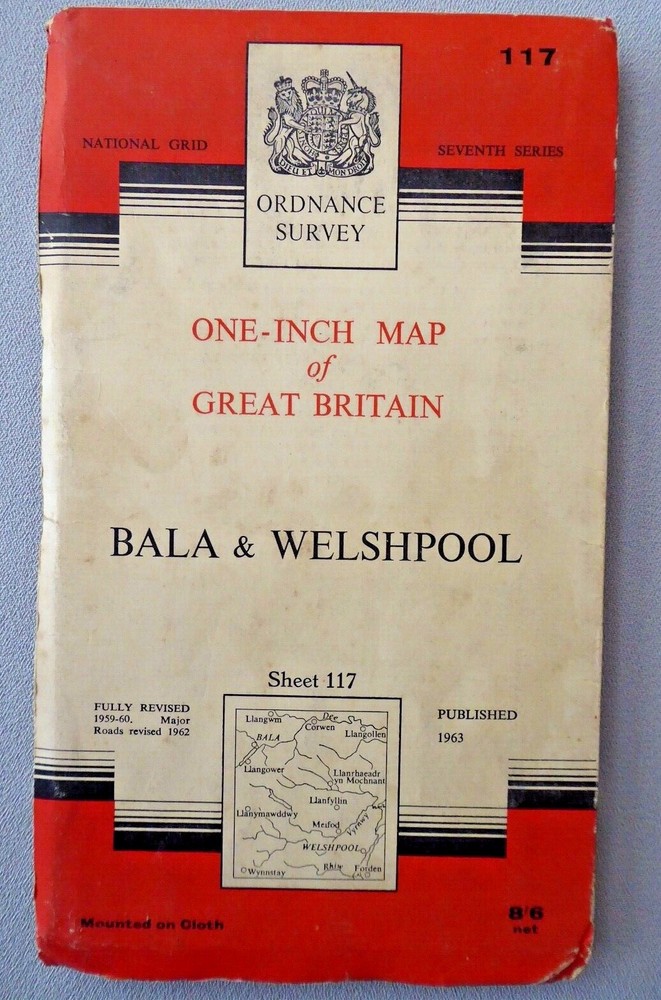 Vintage Ordnance Survey One Inch 7th Series Map, Bala & Welshpool, Cloth, 1952.